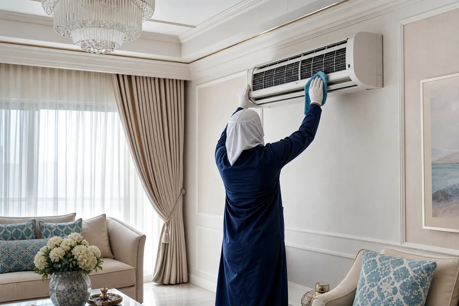 تنظيف مكيف وستائر في منزل